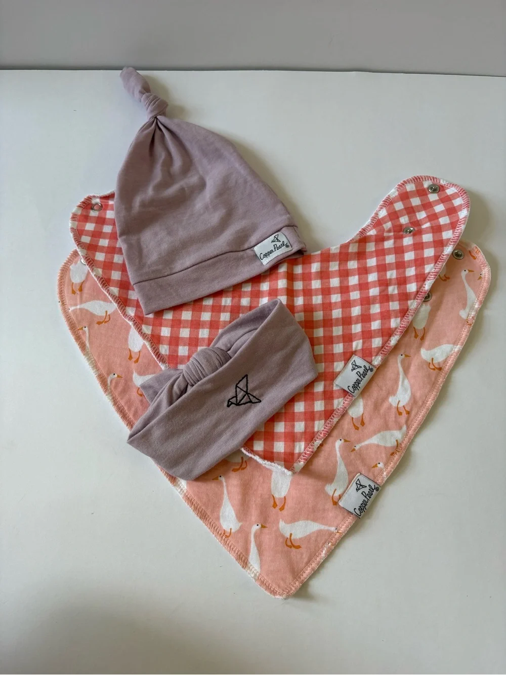 Lot Of Copper Pearl 1 Dn Bodysuit 3 Burp Cloth 2 Bibs Hat Headband 3 Binky Clips